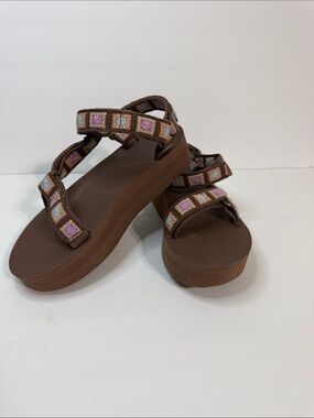 Teva Brown Platform Sandals with Pastel Embroidered Straps